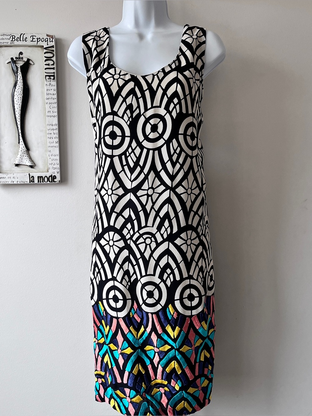 Anthropologie Kachel Glasswork Embroidered Sleeveless Printed Sheath Dress Sz 10